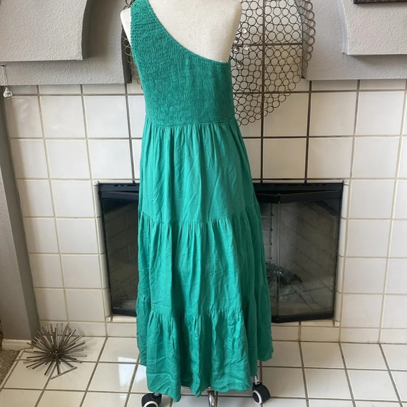 Anrabess one shoulder green midi dress size large ruffle pleated smocked dress - Picture 4 of 9